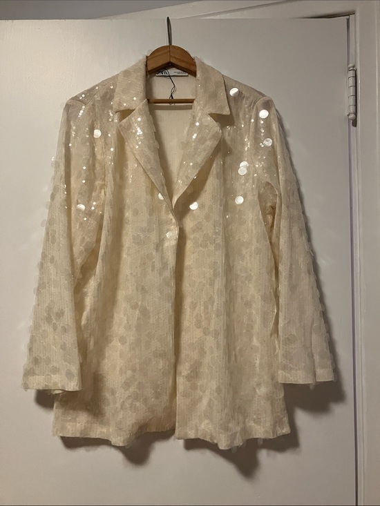 Zara Jackets & Blazers - Shiny Zara Cream Sequin on Sequin Open-Front Blazer - So Cool